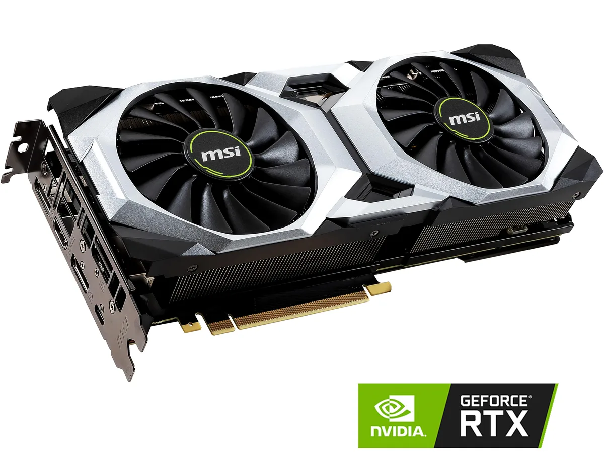MSI RTX 2080 Ventus graphics card with dual-fan cooler and metal backplate