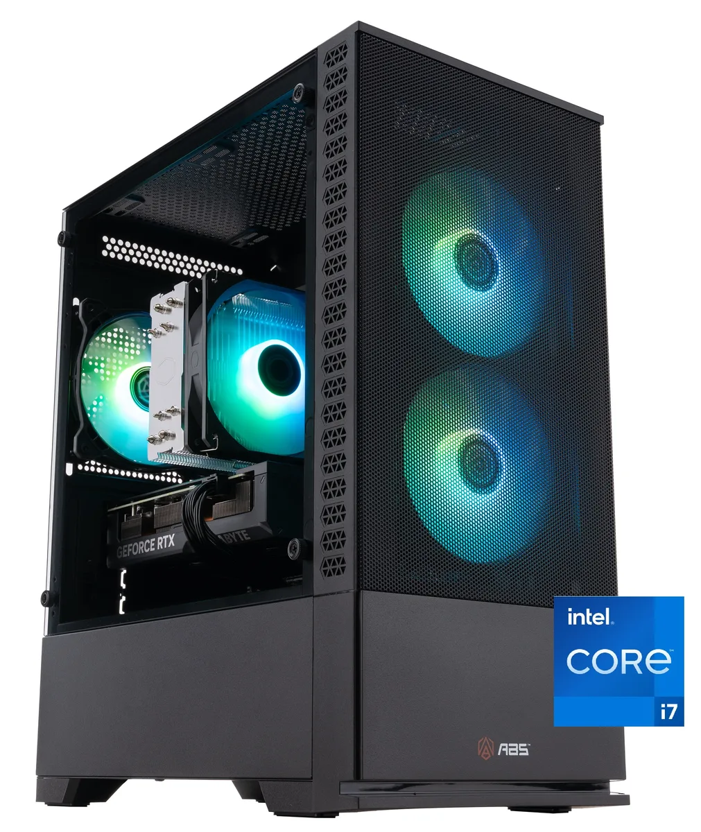 ABS Cyclone Aqua gaming desktop in black case with RGB lighting