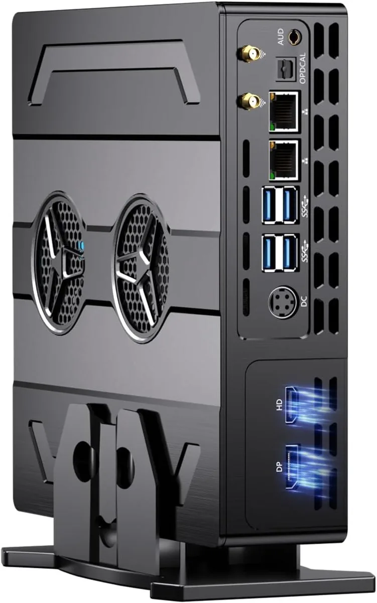 Compact black mini desktop PC with front USB ports and rear connectivity