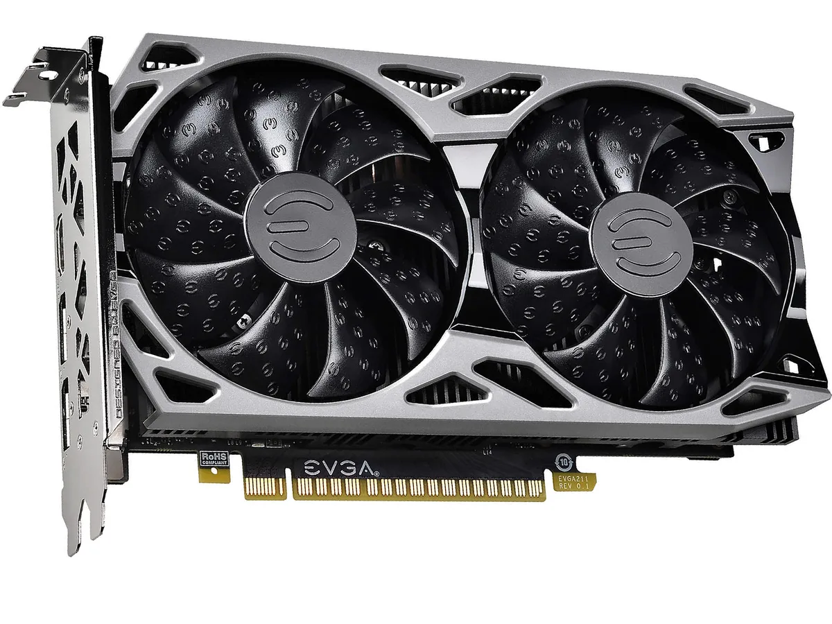 Black dual-fan graphics card with metal backplate