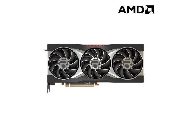 AMD Radeon RX 6800 XT reference graphics card with dual axial fans, dark metal shroud, and rear I/O bracket showing HDMI, DisplayPort