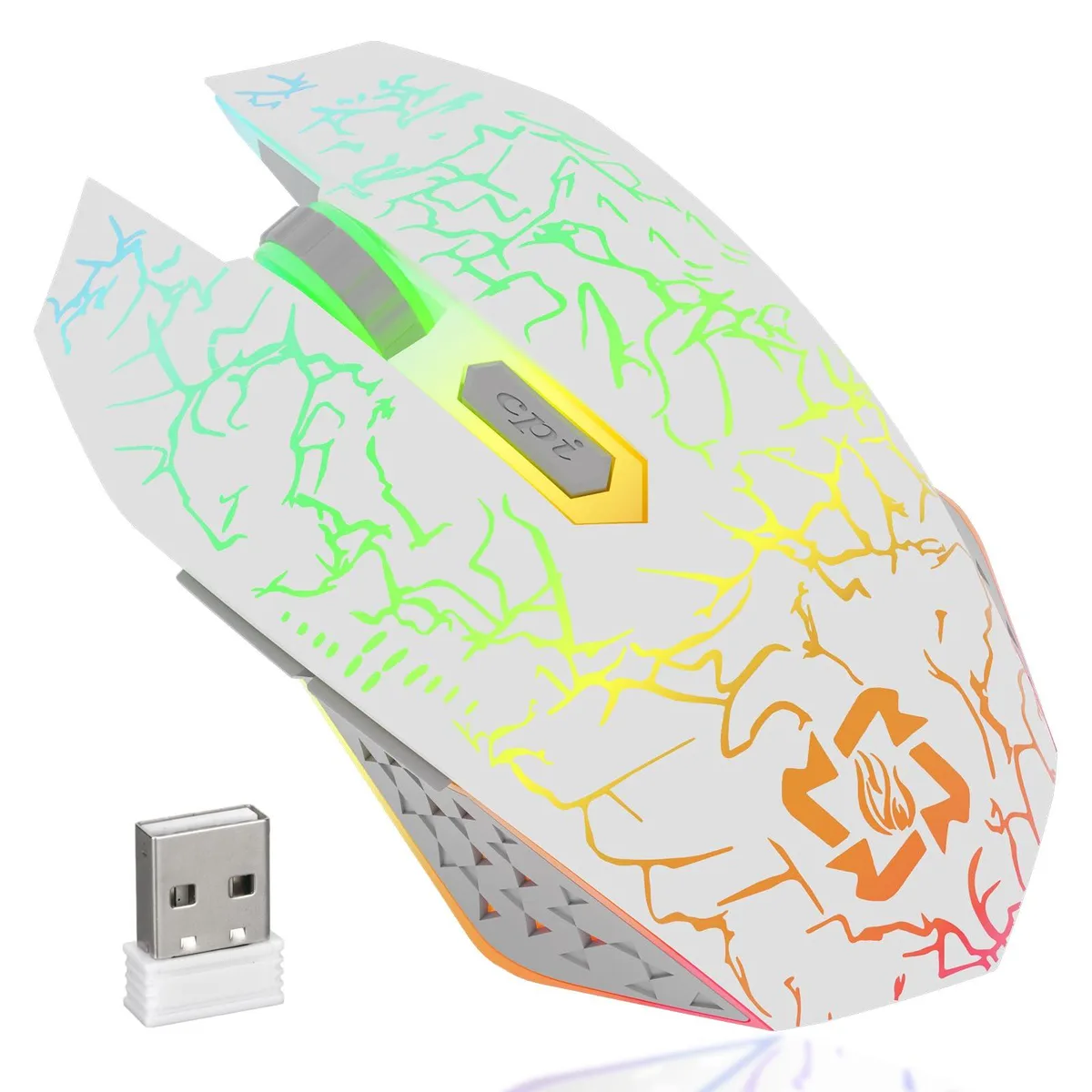 White right-handed gaming mouse with six buttons and RGB lighting