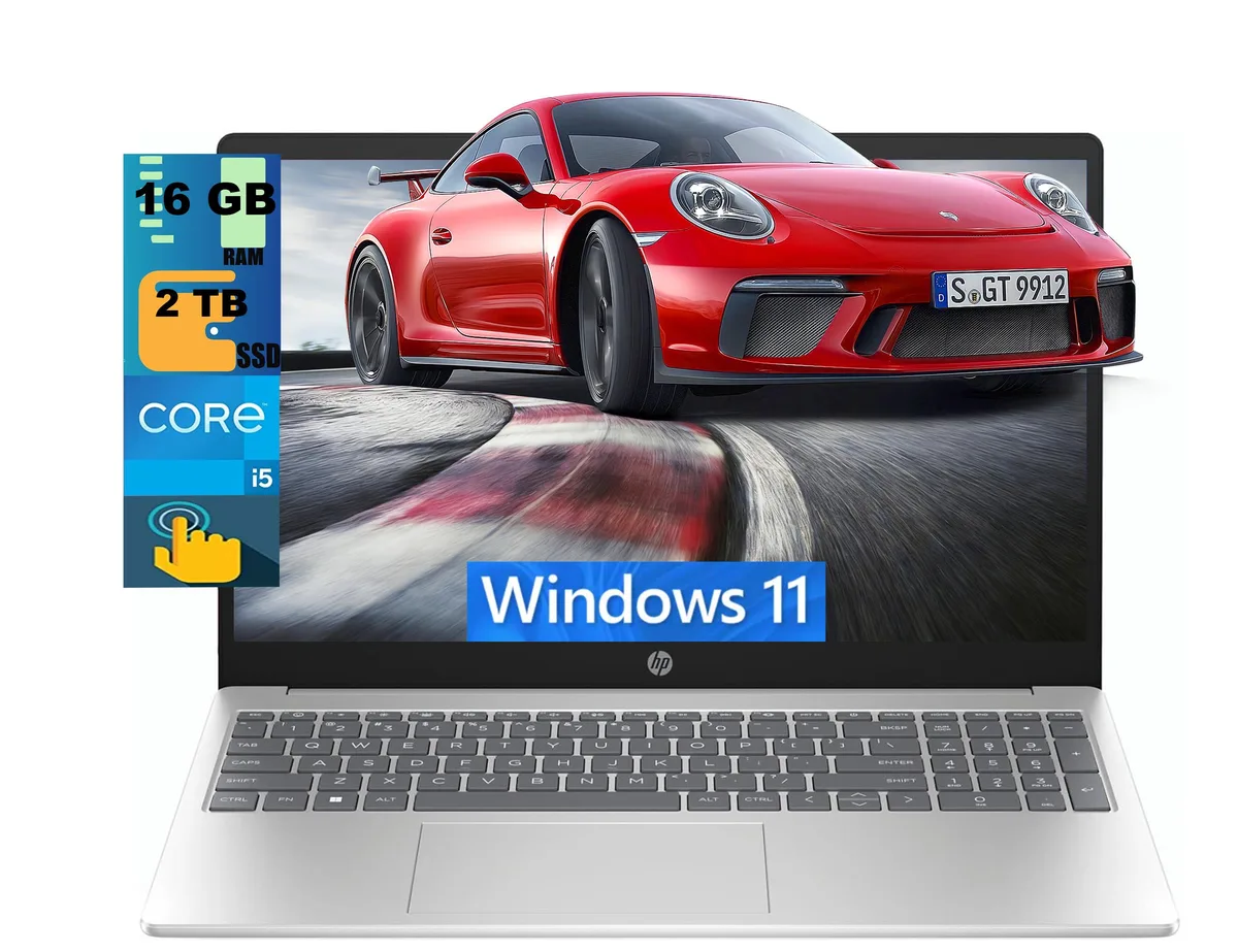 Silver HP 15 laptop closed showing smooth metal finish and 15.6 inch touchscreen display