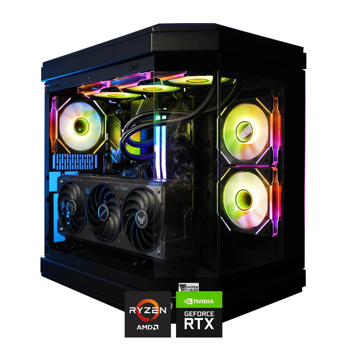 Black mid-tower gaming desktop with tempered glass side panel and RGB lighting