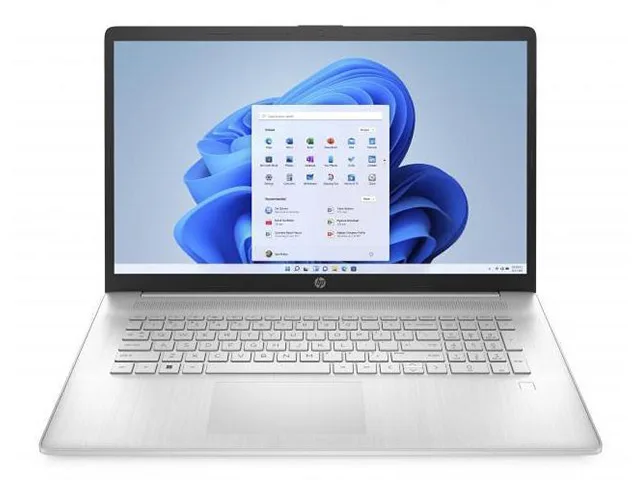 Silver 17.3 inch FHD laptop with narrow bezel and lift-hinge keyboard