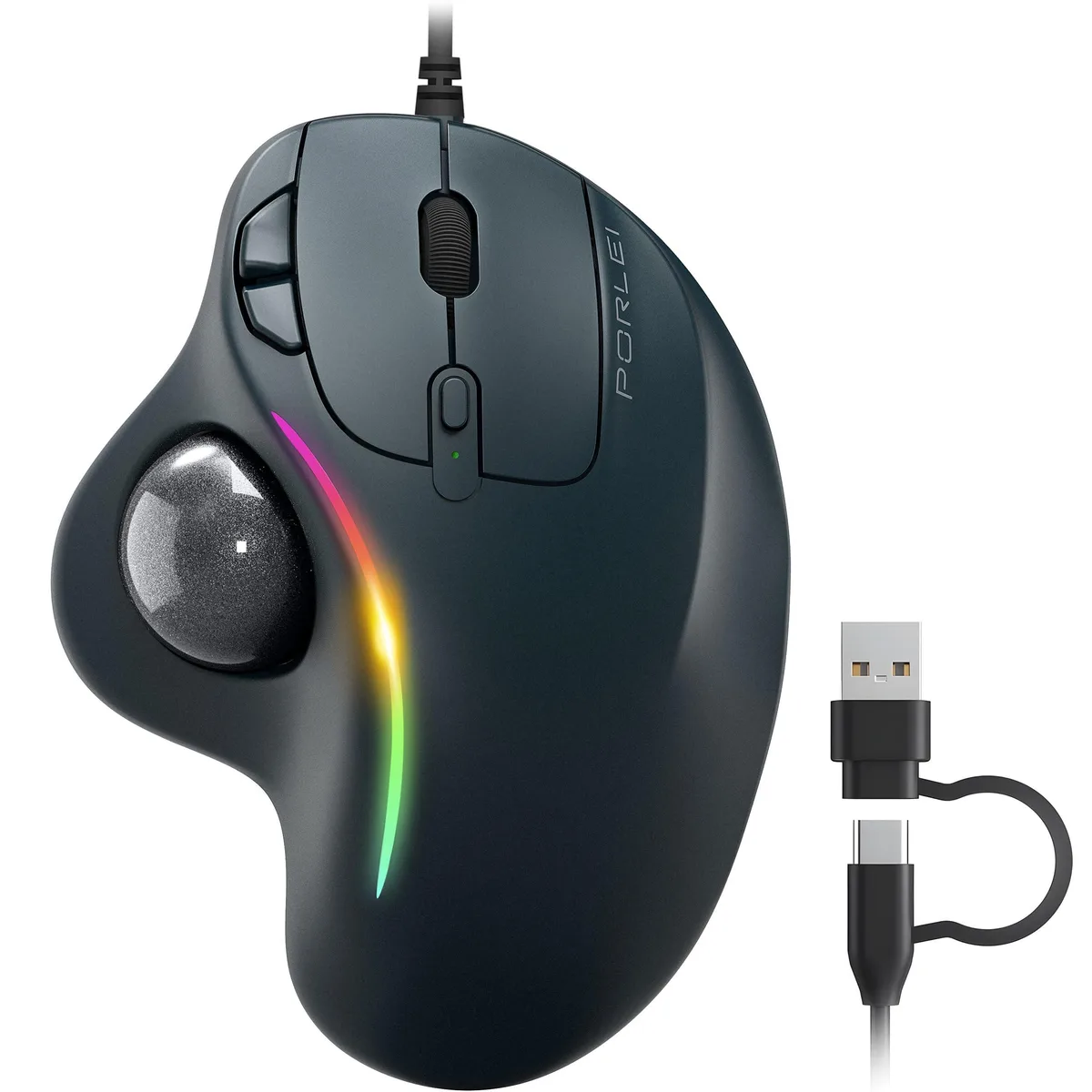 Black right-handed trackball mouse with sculpted ergonomic shape and 16 buttons