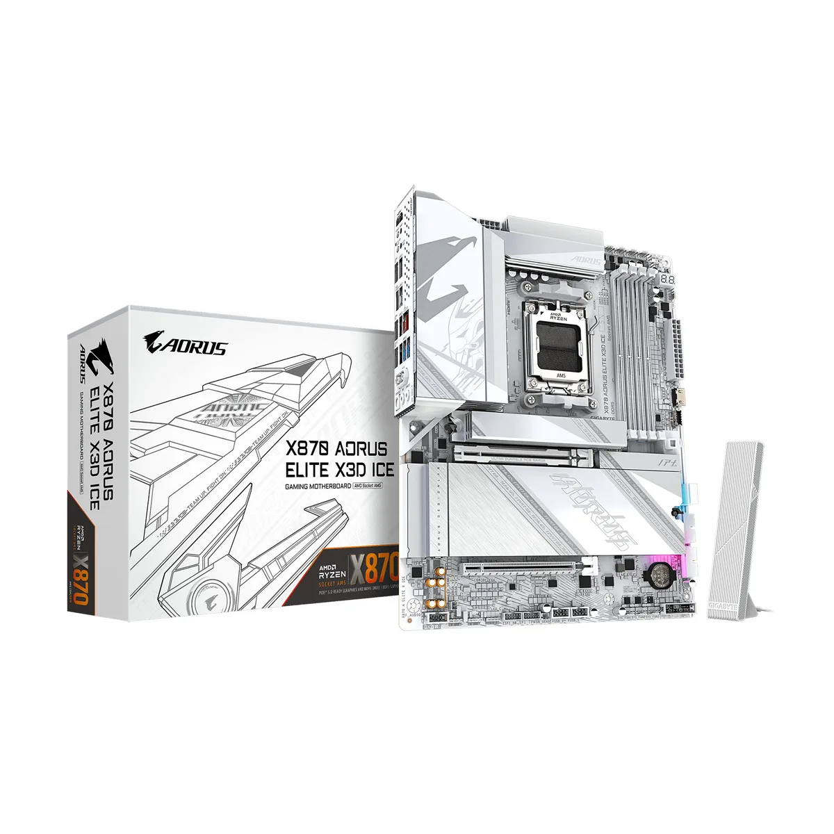 White ATX motherboard with silver heatsinks and rear I/O shield