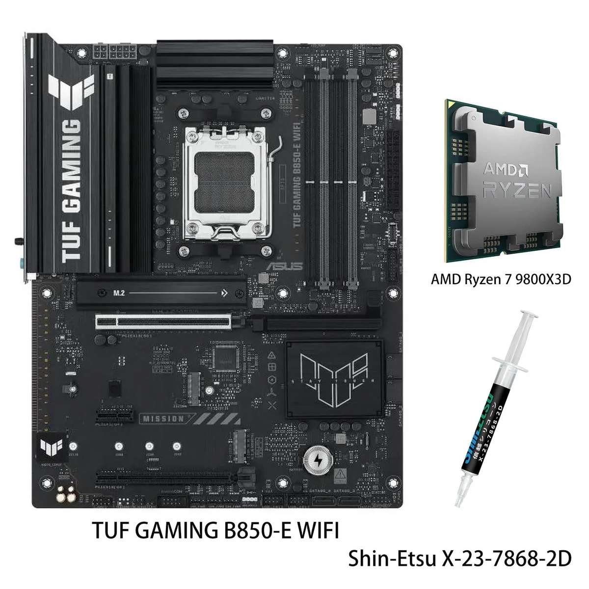 ATX motherboard in dark grey with yellow accents, CPU installed, large VRM heatsinks, three M.2 shields, pre-mounted I/O panel