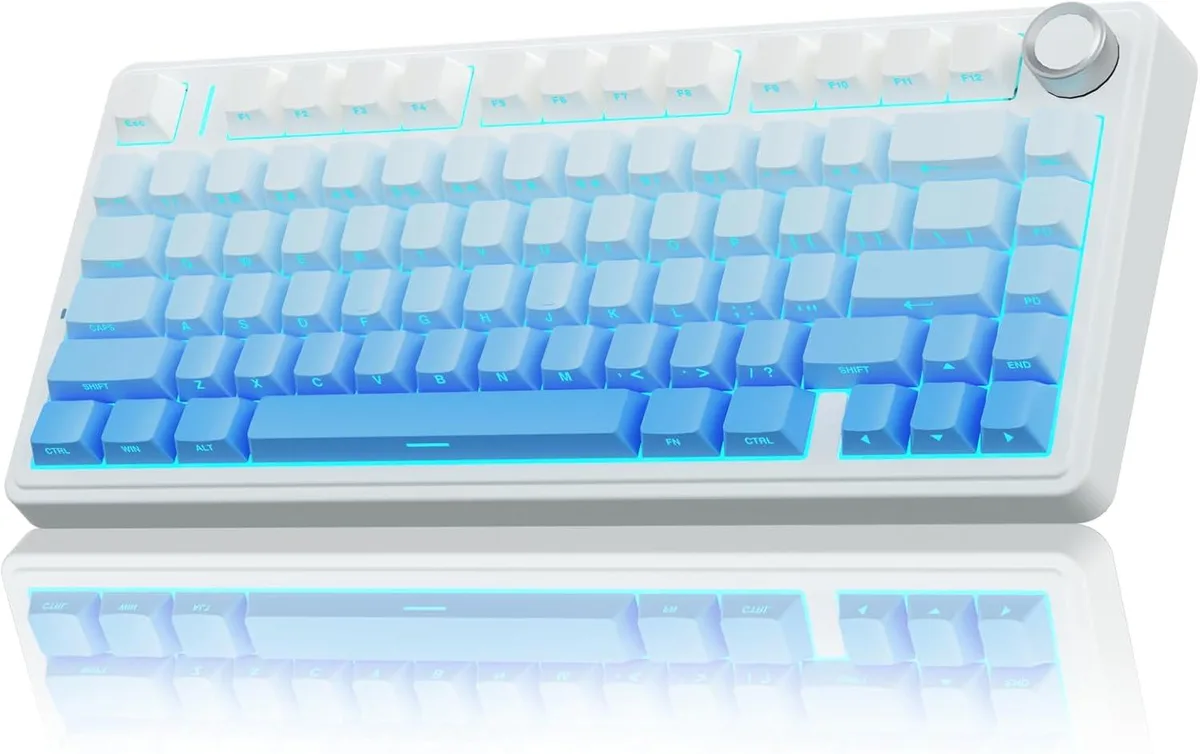 A compact 75 percent wireless mechanical keyboard in gradient blue with side printed keycaps