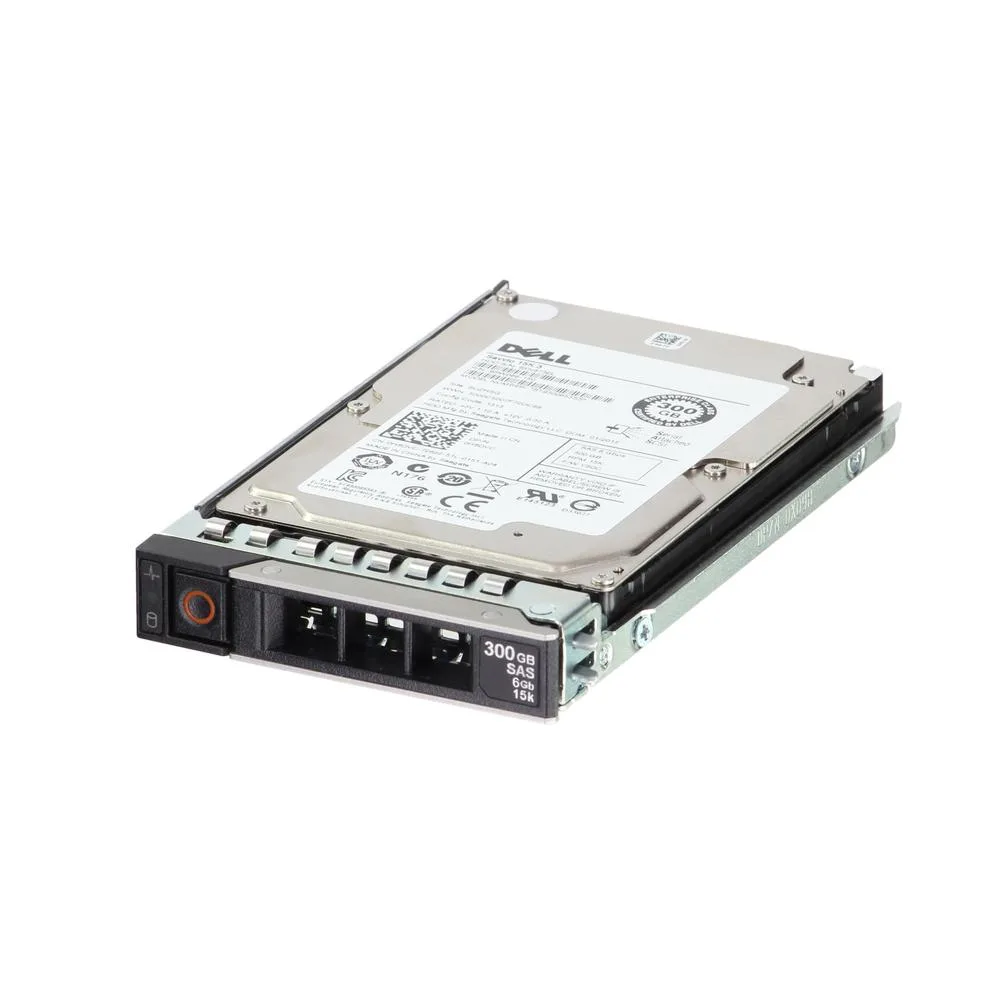 A small silver 2.5 inch SAS hard drive labelled Dell H8DVC 300GB 15K 512n