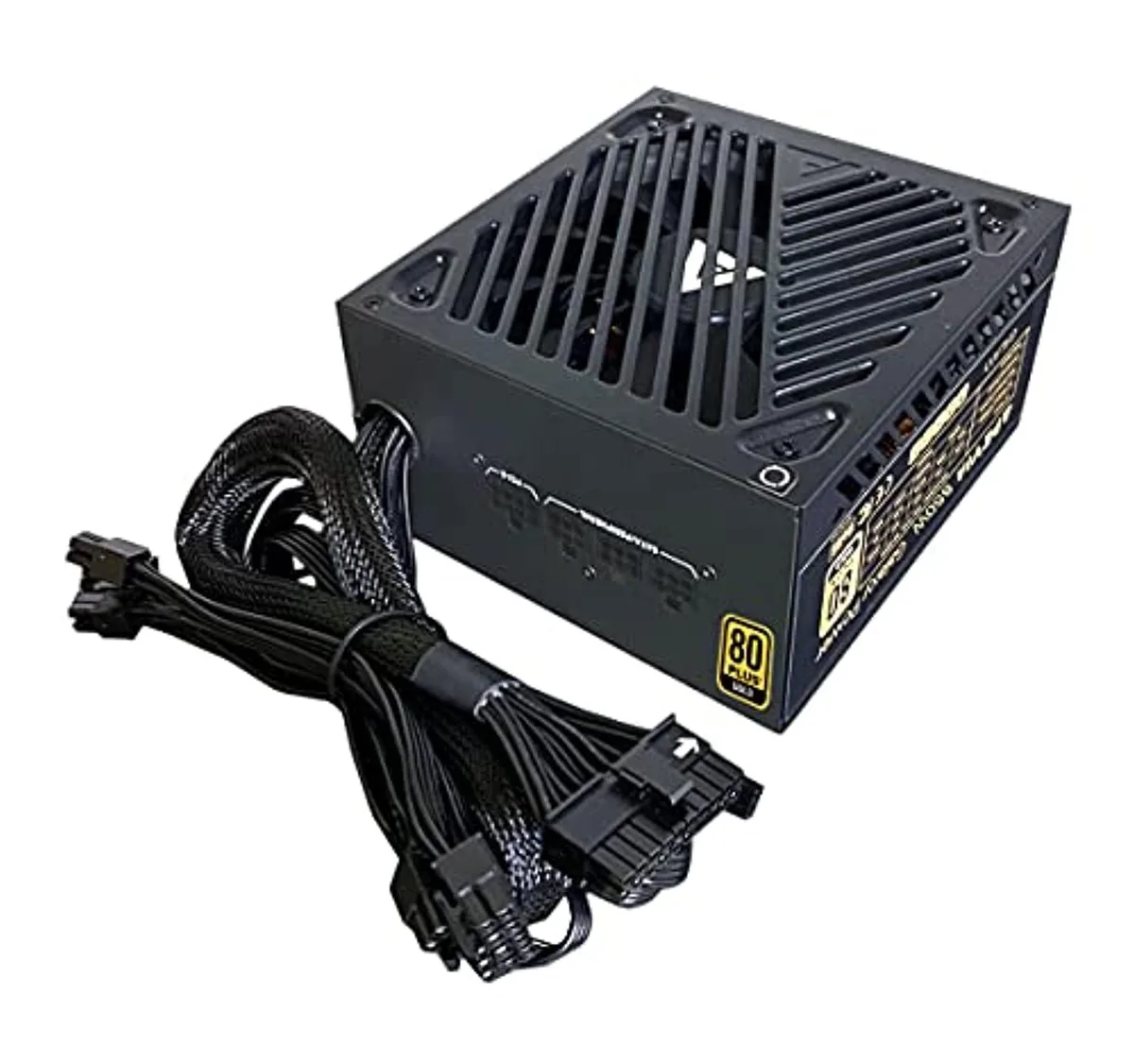 Rectangular ATX power supply, black finish, 135mm fan grille, semi-modular cable sockets visible