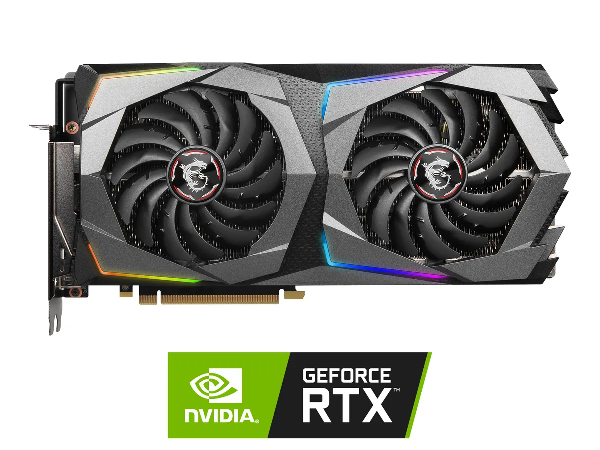 MSI RTX 2070 Super GAMING X graphics card with twin axial fans and a silver metal backplate