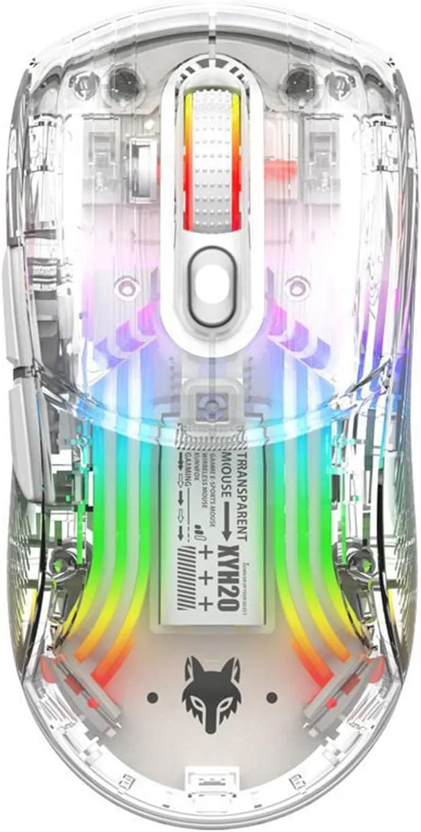 White transparent ergonomic gaming mouse with RGB lighting, six buttons, USB receiver included
