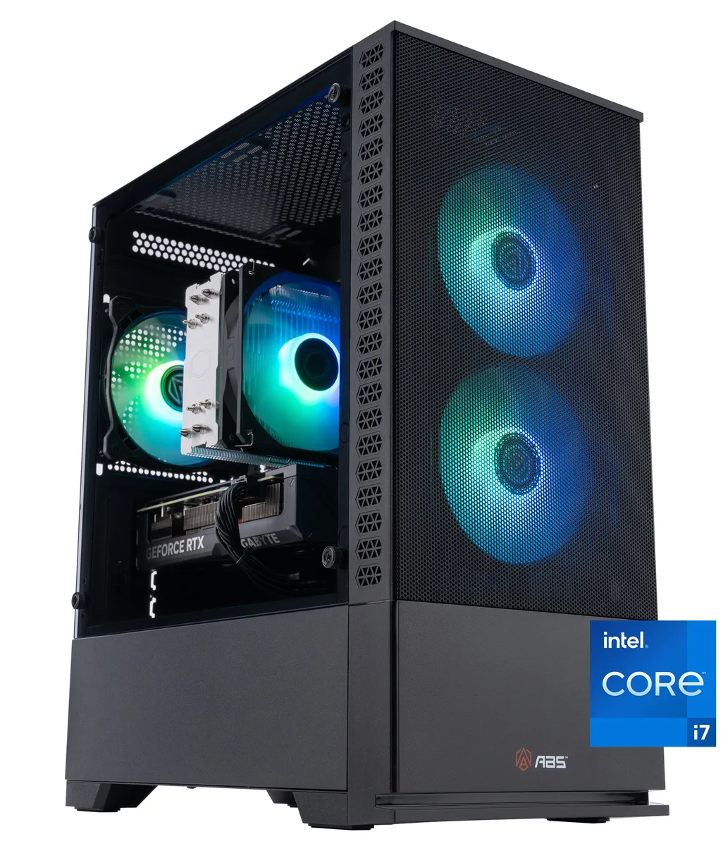Black micro-tower gaming desktop with RGB-lit interior visible through side panel