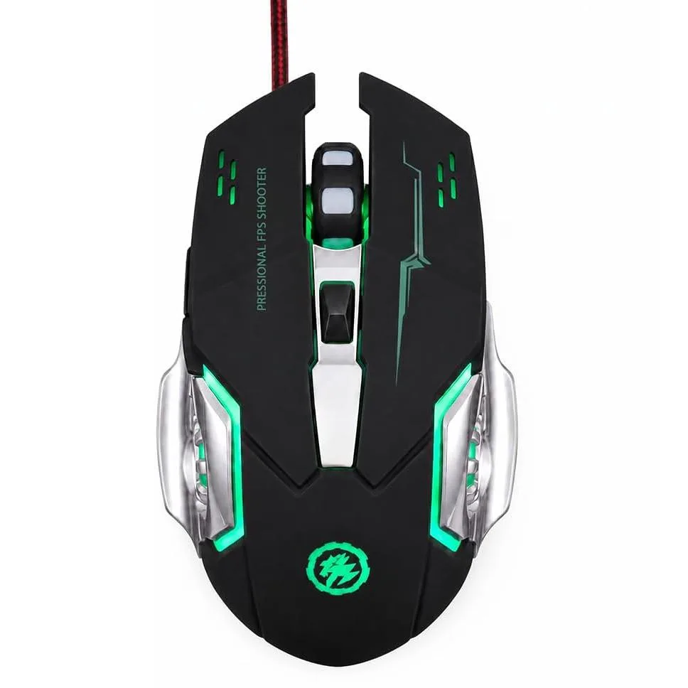 Black ergonomic wired gaming mouse with RGB lighting and braided cable