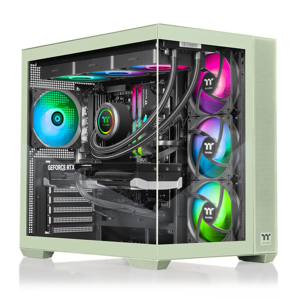 Green mid-tower gaming desktop with 360mm ARGB liquid cooler visible through glass side panel