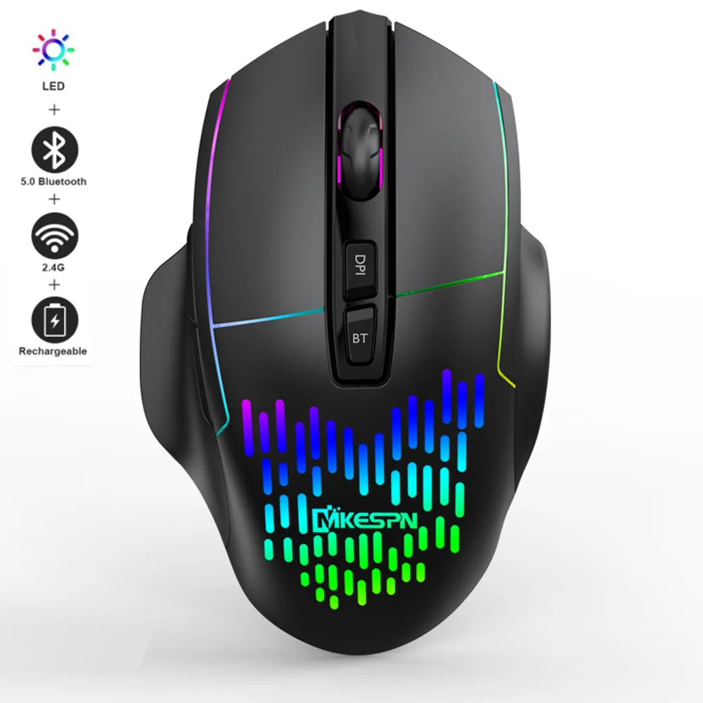 Black wireless gaming mouse with seven buttons and RGB backlighting