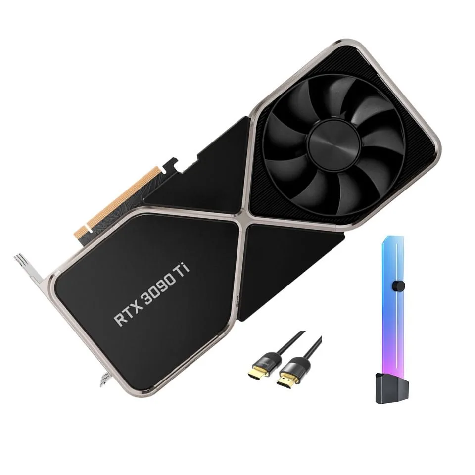 Titanium and black triple-slot graphics card with dual axial fans, 12.3 by 5.4 by 2.6 inches