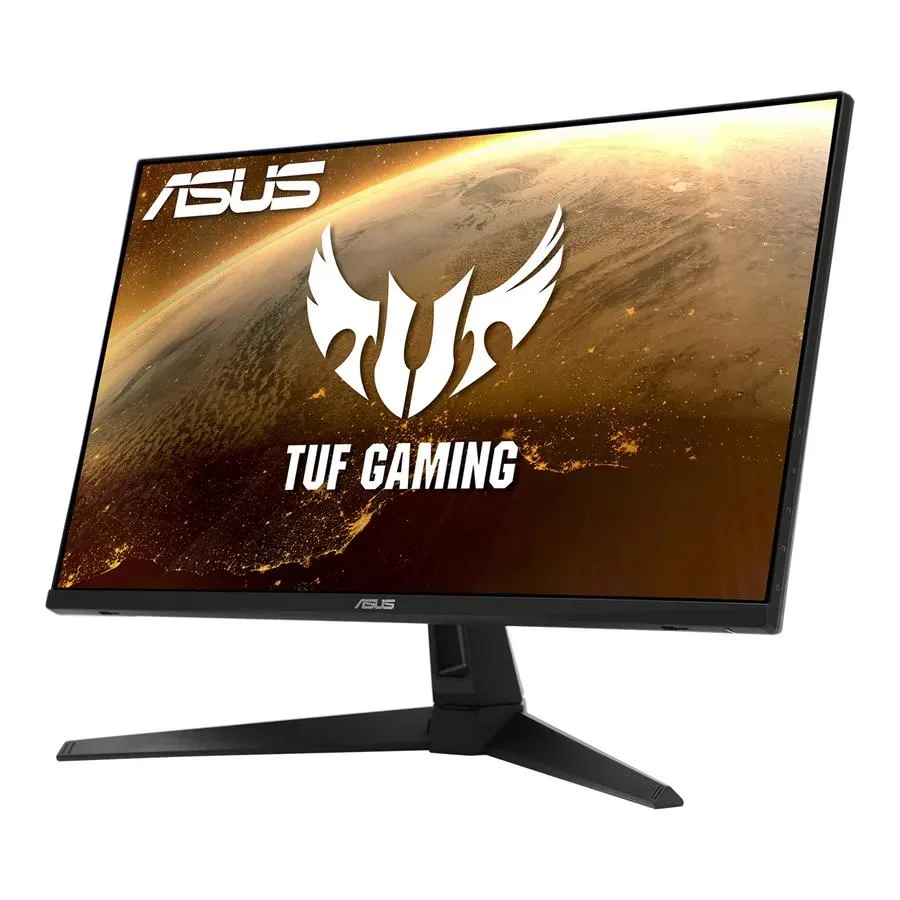 Flat black 27-inch gaming monitor on a stand, thin bezel, matte screen, IPS panel visible