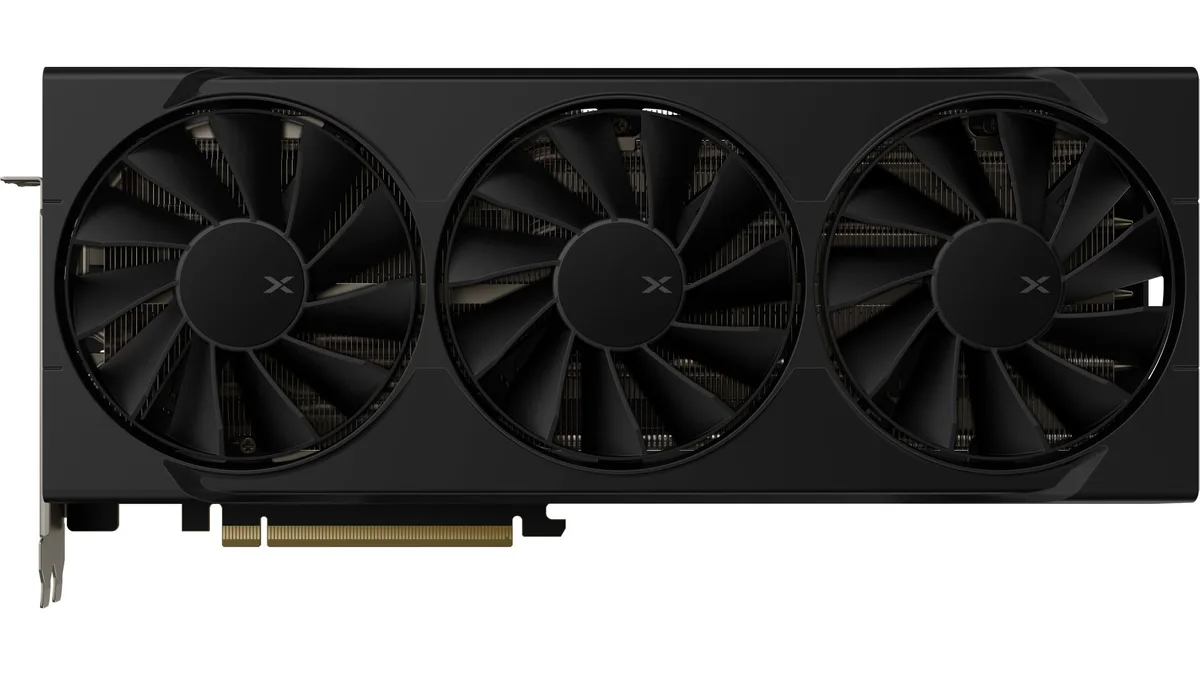 Triple-fan graphics card, matte black finish, 12.8 inches long