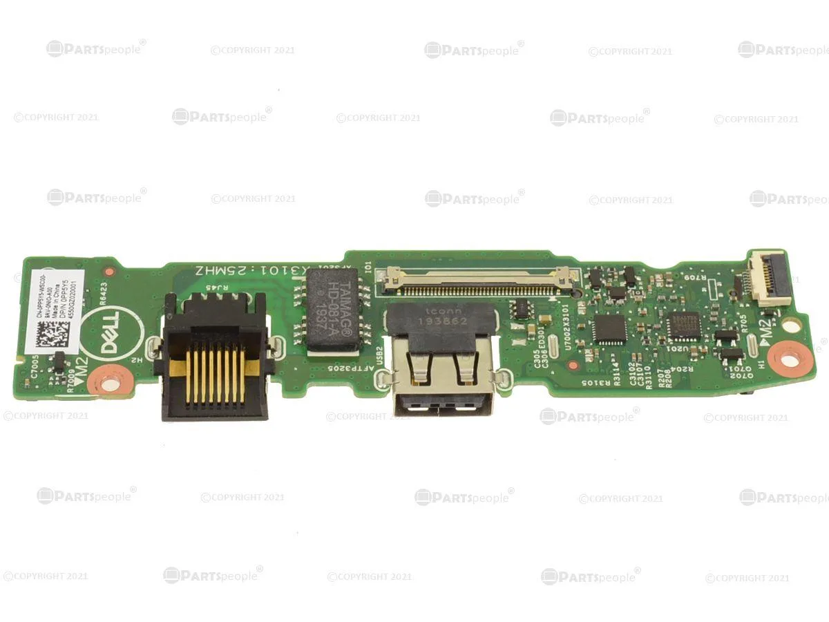 Small green circuit board with power button, USB port, SD card slot and network jack