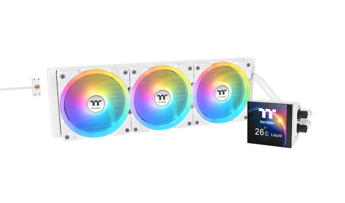 White AIO liquid cooler with 420mm radiator, three 140mm fans and square LCD pump block