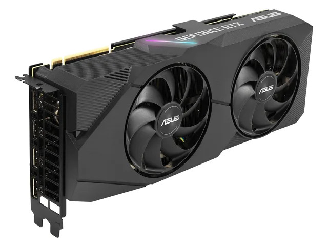 Black dual-fan graphics card with metal backplate