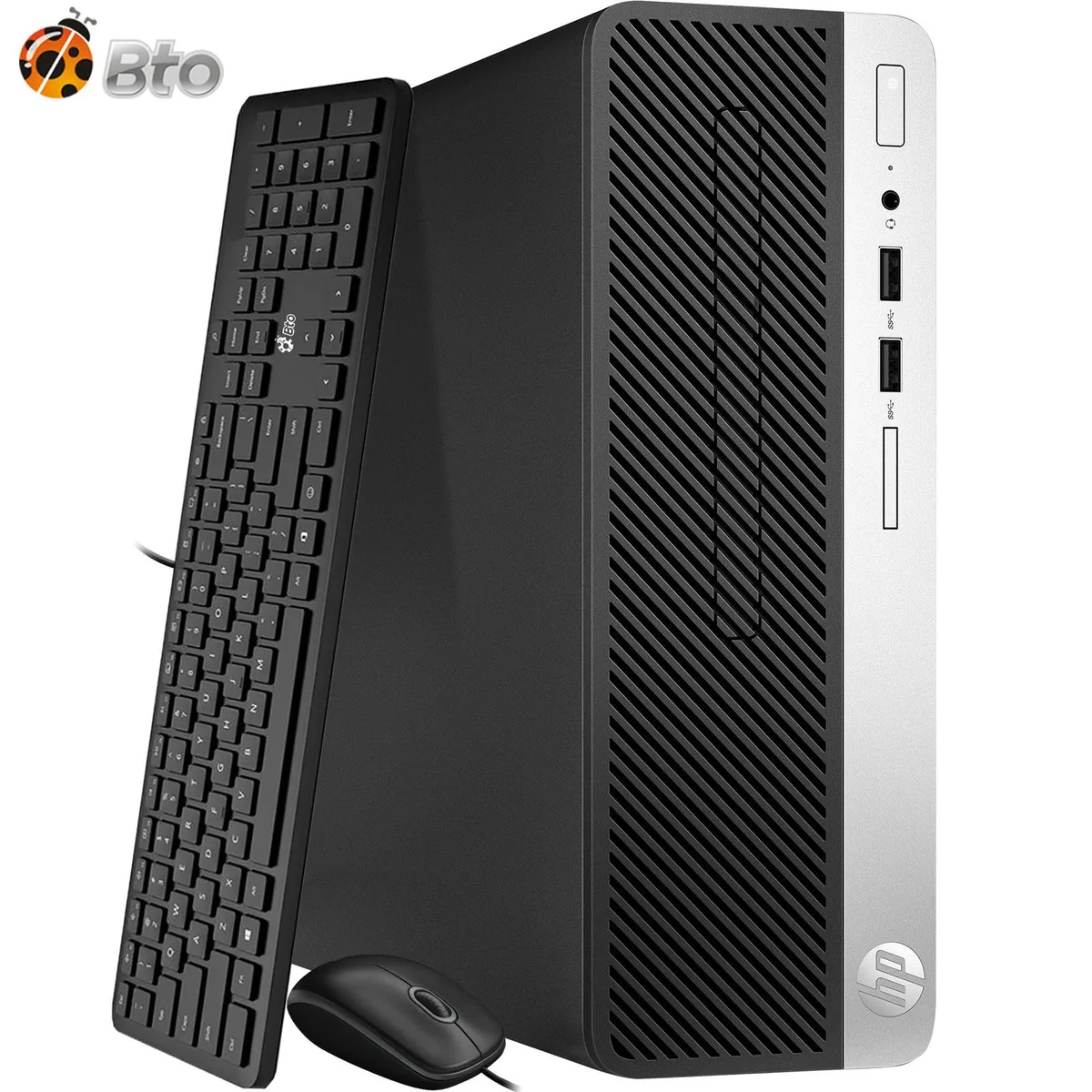 Black HP small-form-factor desktop tower, upright rectangular shape, matte finish