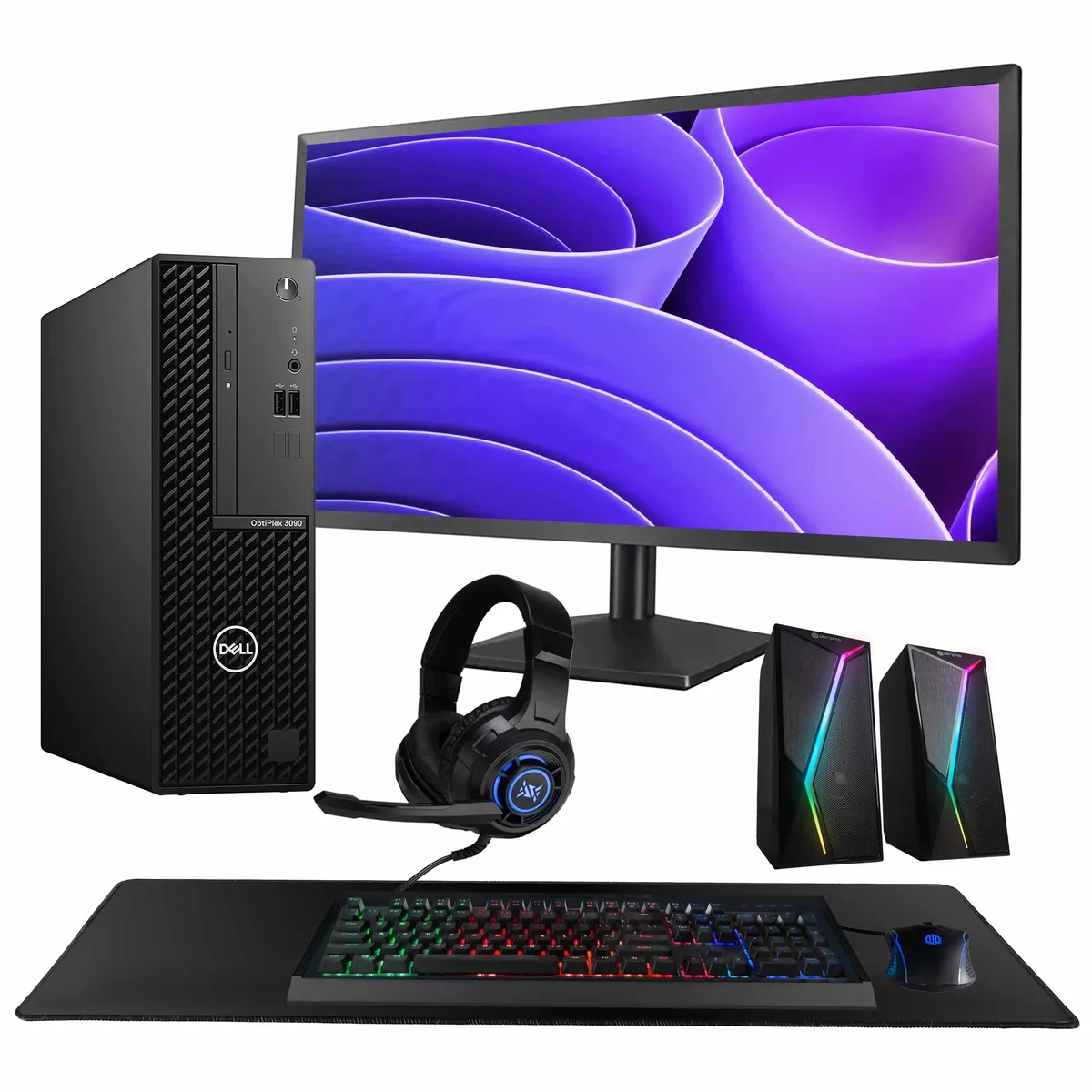 Black Dell OptiPlex 3090 tower with 24 inch monitor keyboard mouse and RGB accessories