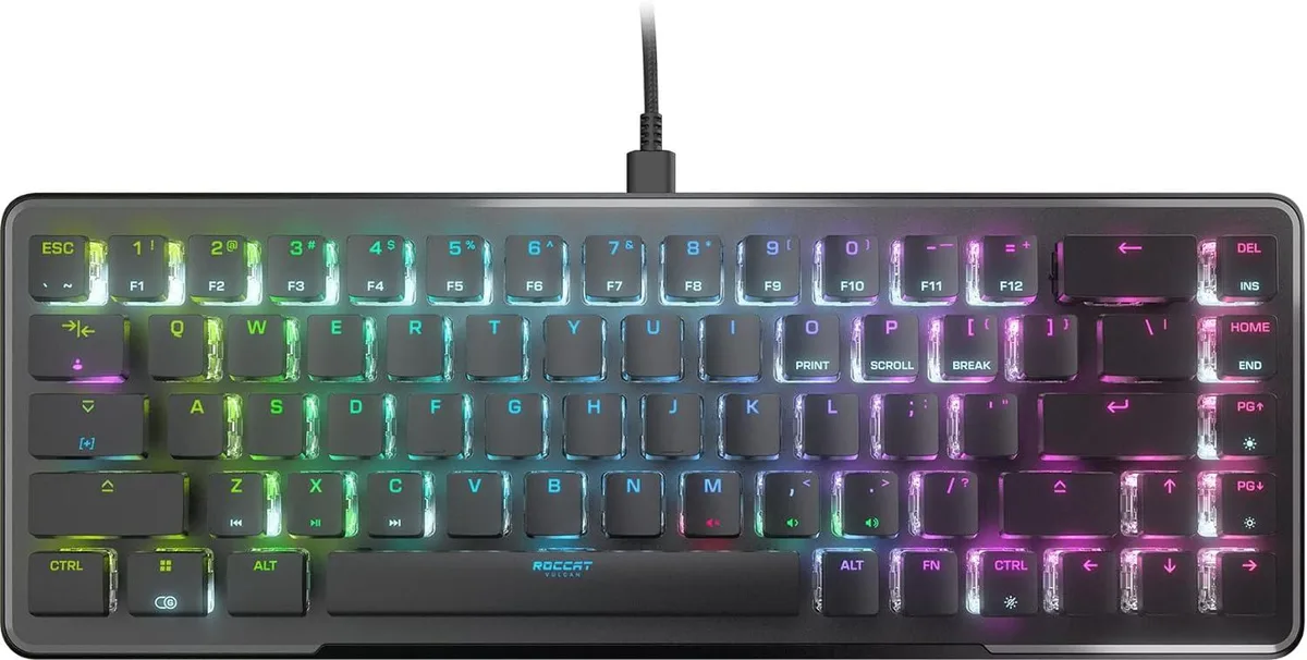 Compact black 65% gaming keyboard with aluminum top plate, detachable USB-C cable, and per-key RGB lighting
