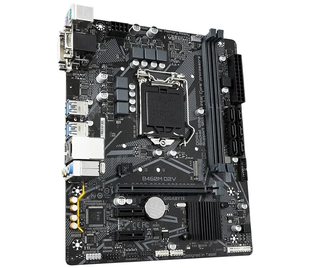 Micro ATX motherboard, matte black PCB with silver heatsinks