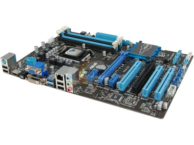ATX motherboard with black PCB and silver heatsinks