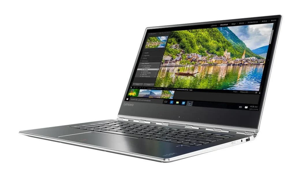 Silver metal convertible laptop with 360 hinge, 13.9 inch 4K touchscreen, thin bezels, backlit keyboard