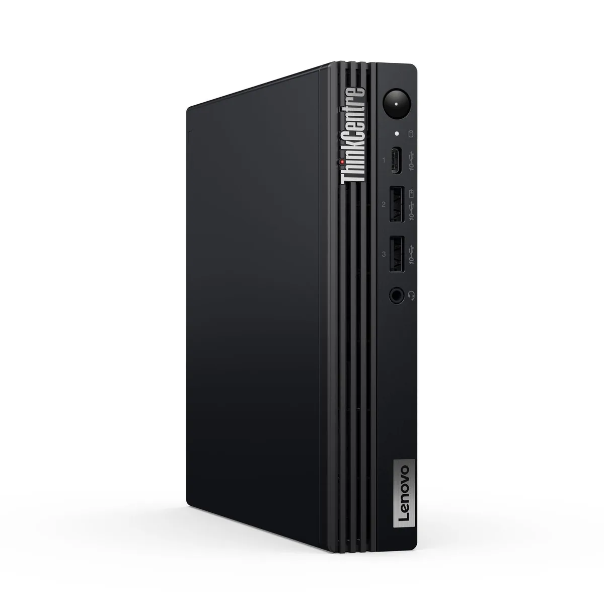 Compact Lenovo ThinkCentre M75q Gen 5 tiny desktop, matte black finish, horizontal orientation