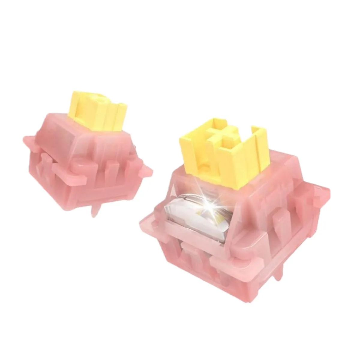 Small transparent switch stems with light guide columns in a plastic jar