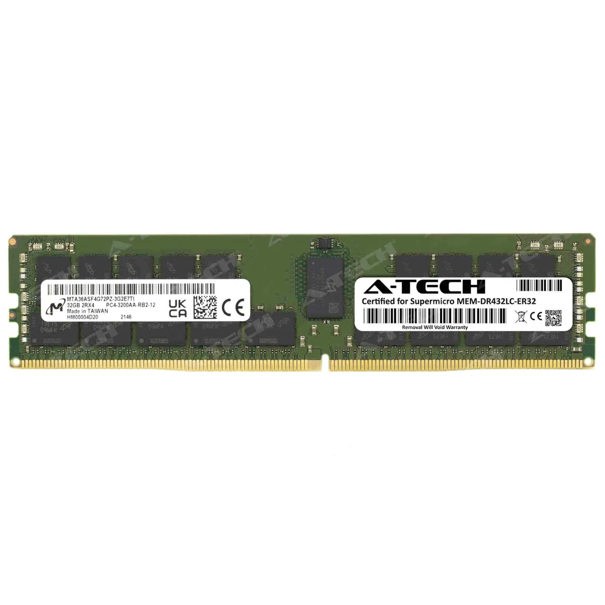 Green rectangular DDR4 RDIMM module with black chips and gold edge contacts