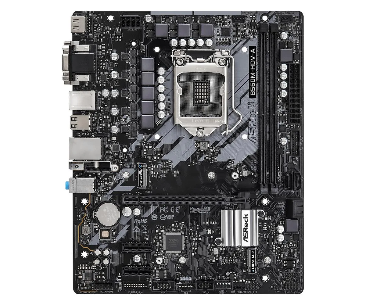 Compact micro-ATX motherboard with black PCB and silver PCIe slots