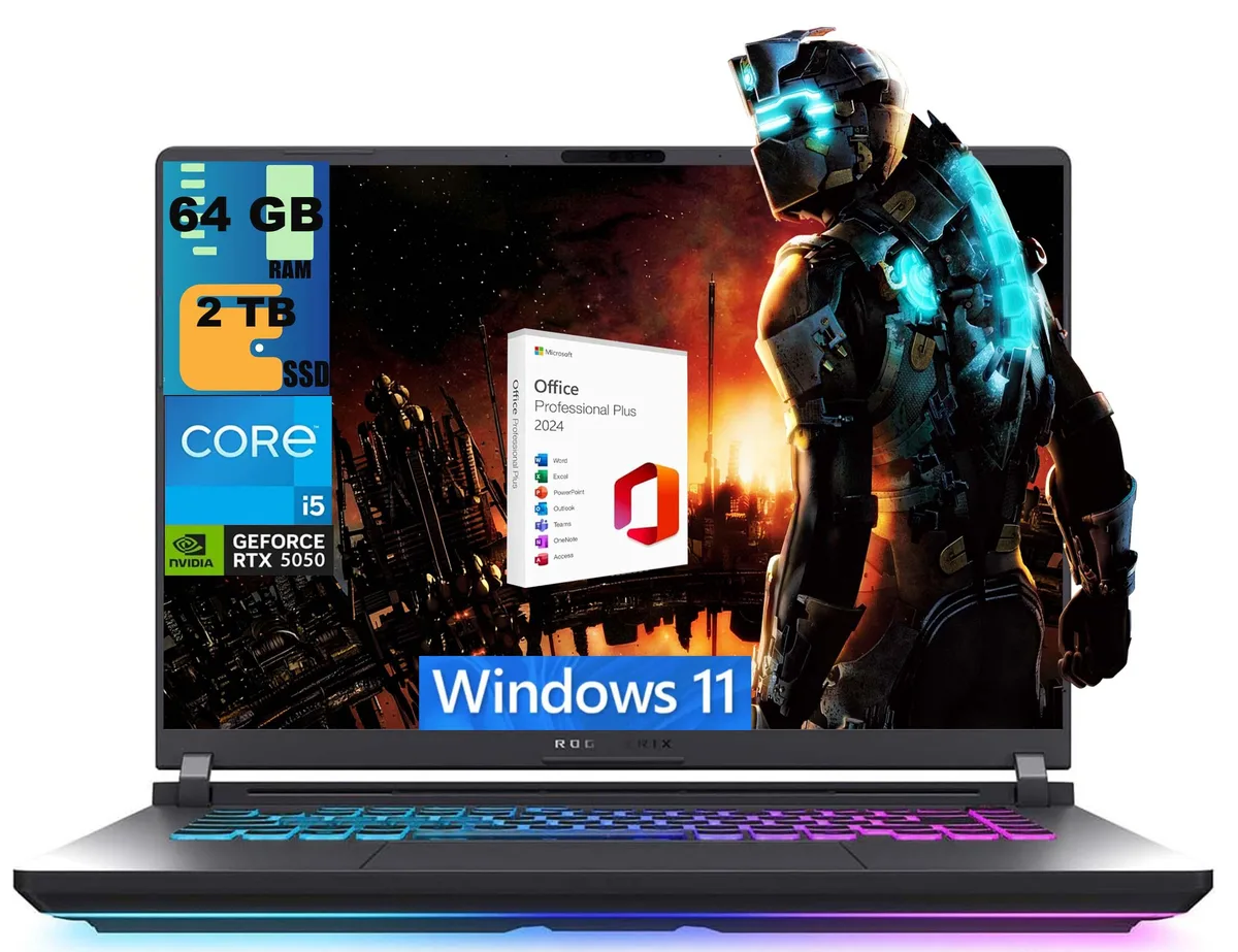 Gray 16-inch gaming laptop with matte finish, open lid showing keyboard and screen