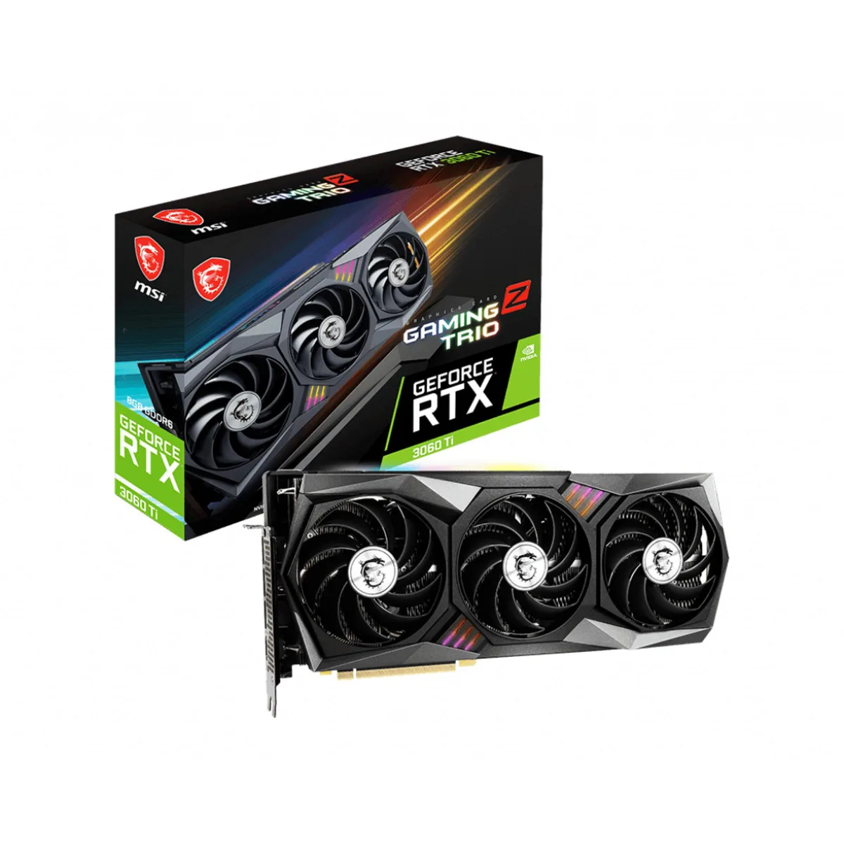 Triple-fan graphics card in black and silver finish