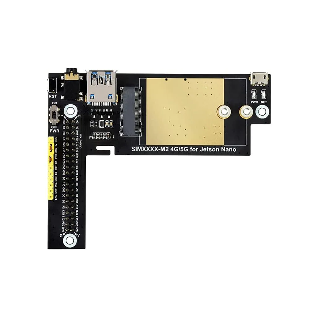 Green circuit board with 40-pin header, USB 3.1 port, SIM slot, audio jack, two LEDs, and silver shielded module mounted on top