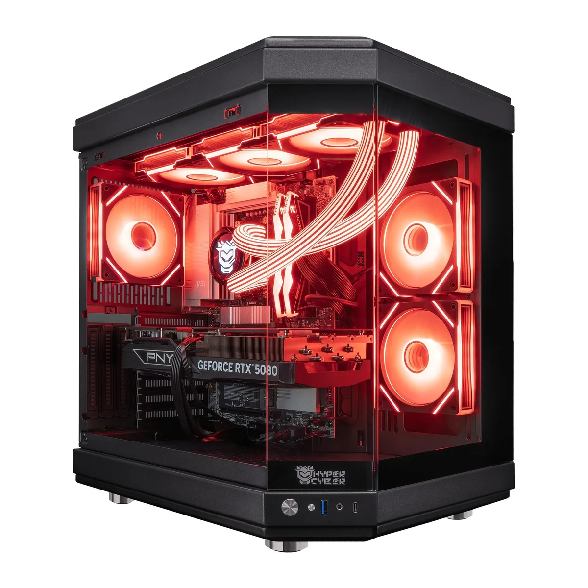 Black mid-tower gaming desktop with tempered glass side panel and RGB lighting