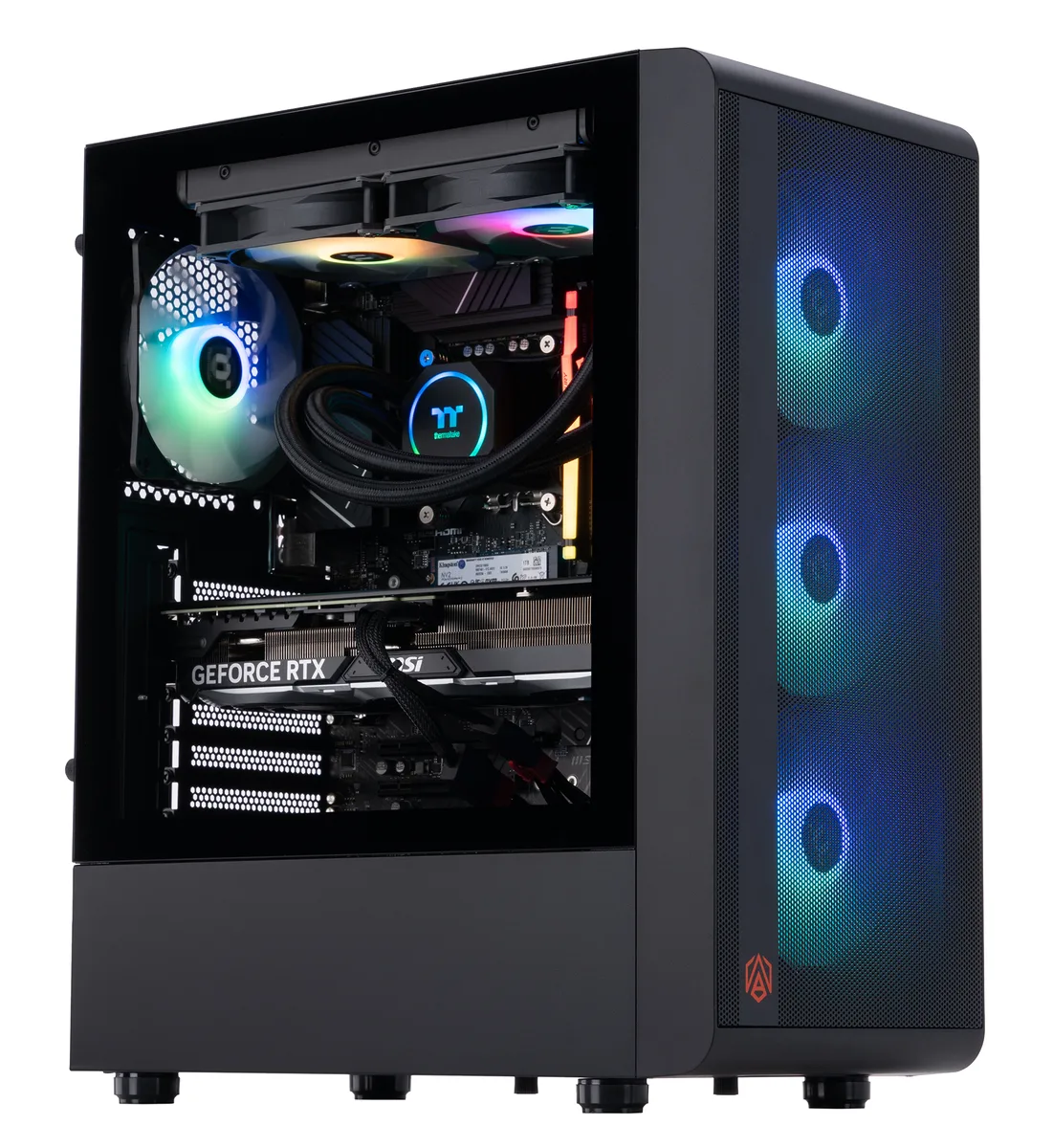 Black mid-tower gaming desktop with tempered glass side panel and RGB lighting visible inside