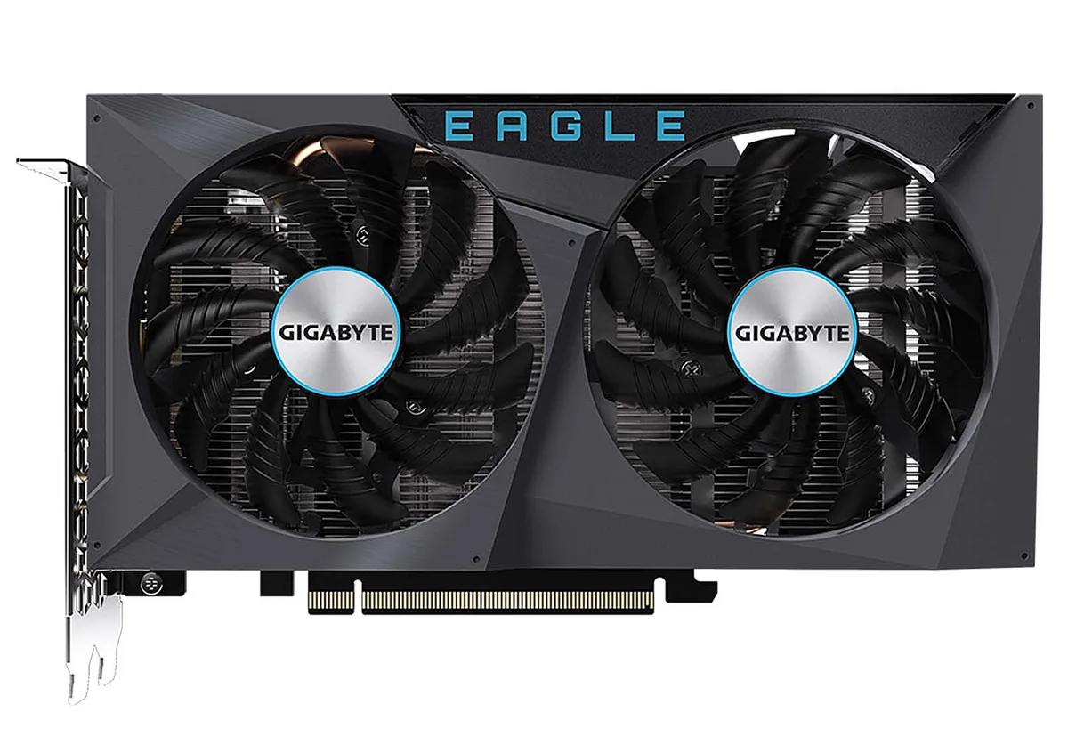 Dual-fan graphics card with silver backplate, two 90mm fans, two HDMI and two DisplayPort outputs