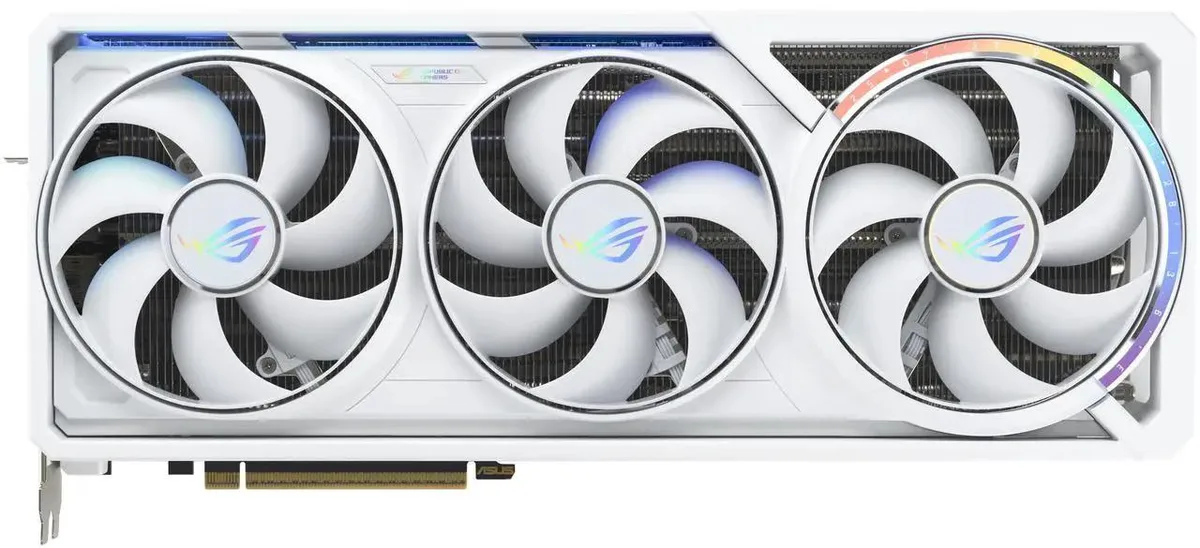 White triple-fan graphics card with silver accents and ROG branding