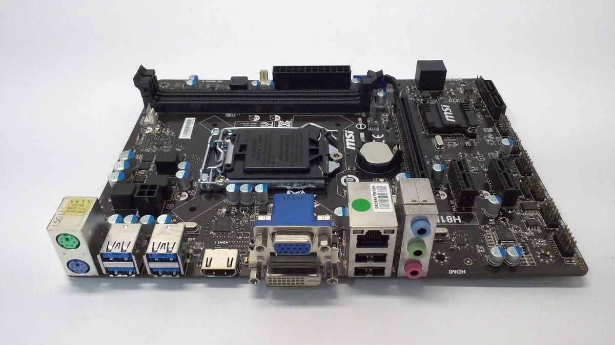 MSI H81M-E34 LGA 1150 MicroATX motherboard, dark PCB with silver ports