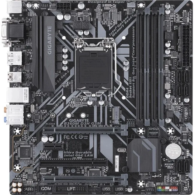 Green rectangular Micro ATX circuit board with silver and black components and metal I/O shield