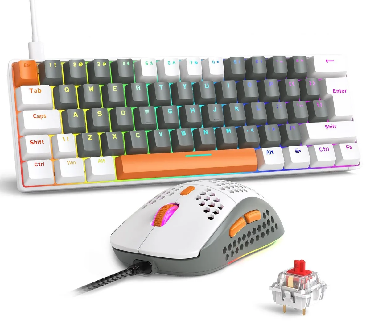 Black 60 percent keyboard with 62 keys and matching honeycomb mouse, coiled aviator cable attached
