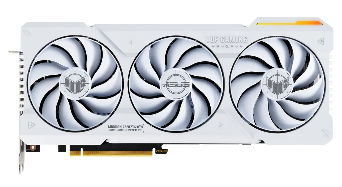 White triple-fan graphics card with metal exoskeleton and white shroud