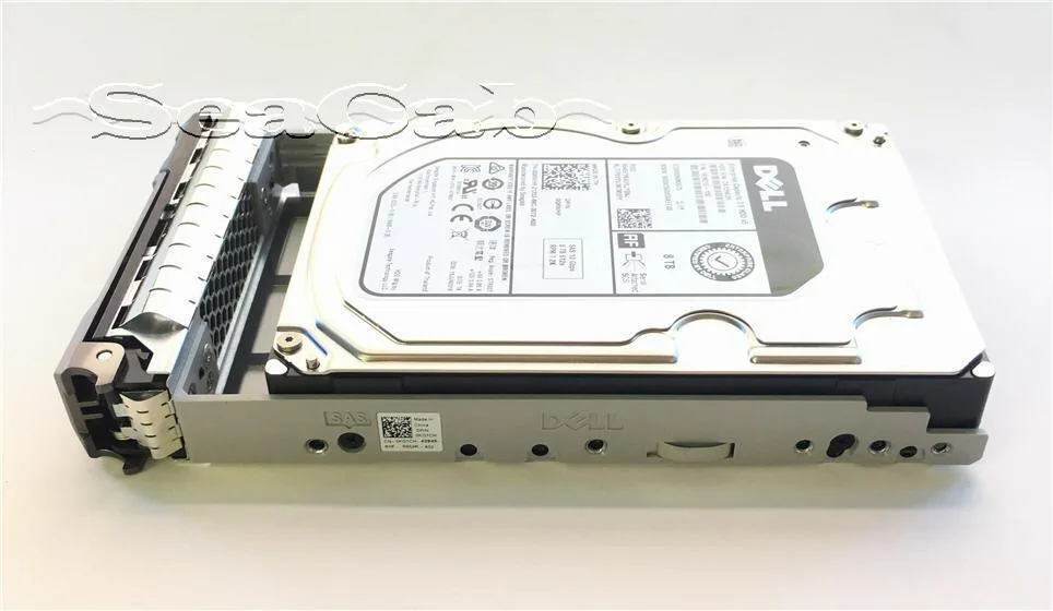 Silver 3.5 inch SAS hard drive with label showing 8TB capacity