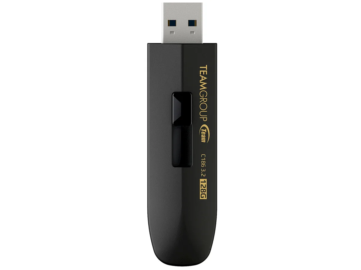 Black retractable USB flash drive with ridged matte finish and gold lettering